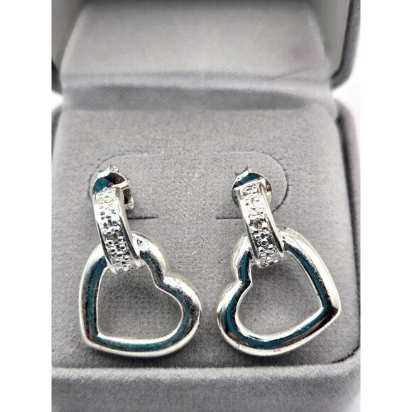 Sterling Heart Dangle Stud Earrings NIB comes with Grey Velvet box .75" - Picture 1 of 10